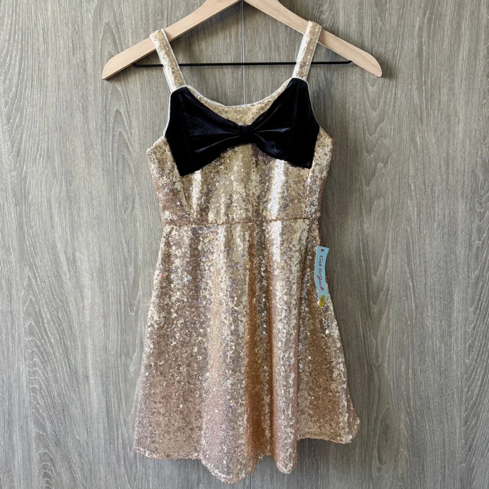 Cat & Jack Sequin Dress‎ Girls Size Med 8 Gold Velvet Bow Holiday Party Glam NWT